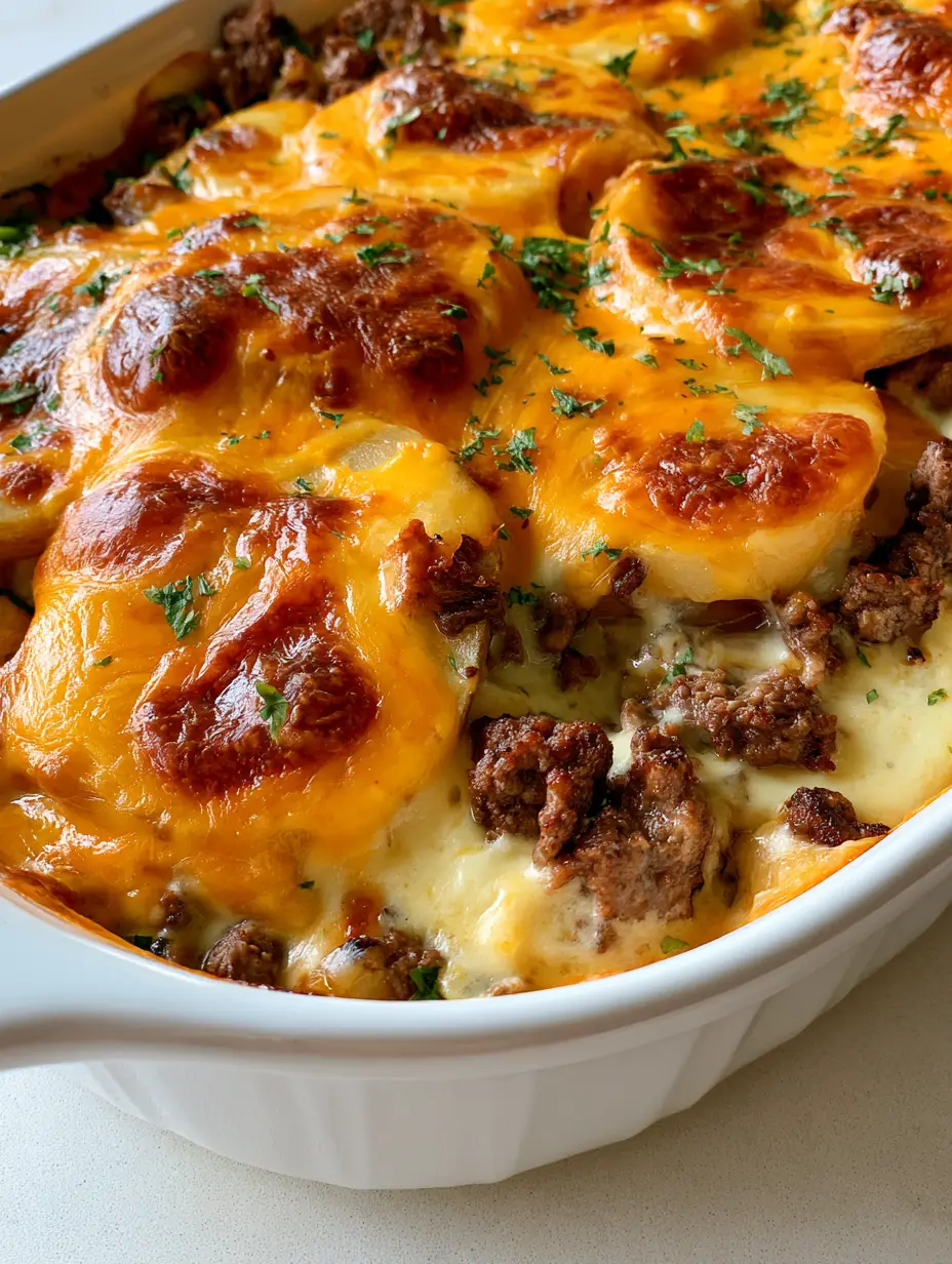 Close-up of bubbly melted cheese with golden-brown toasted spots on a Cheesy Hamburger Potato Casserole.