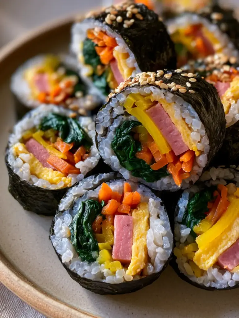 Close-up of Korean Kimbap cross-sections with julienned carrots, yellow radish, and luncheon meat. (Korean Kimbap Recipe)
