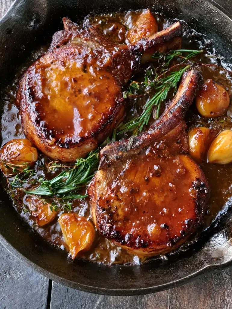 Top-down view of thick-cut Brown Sugar Pork Chops sizzling in a seasoned black cast-iron skillet with bubbling sauce.