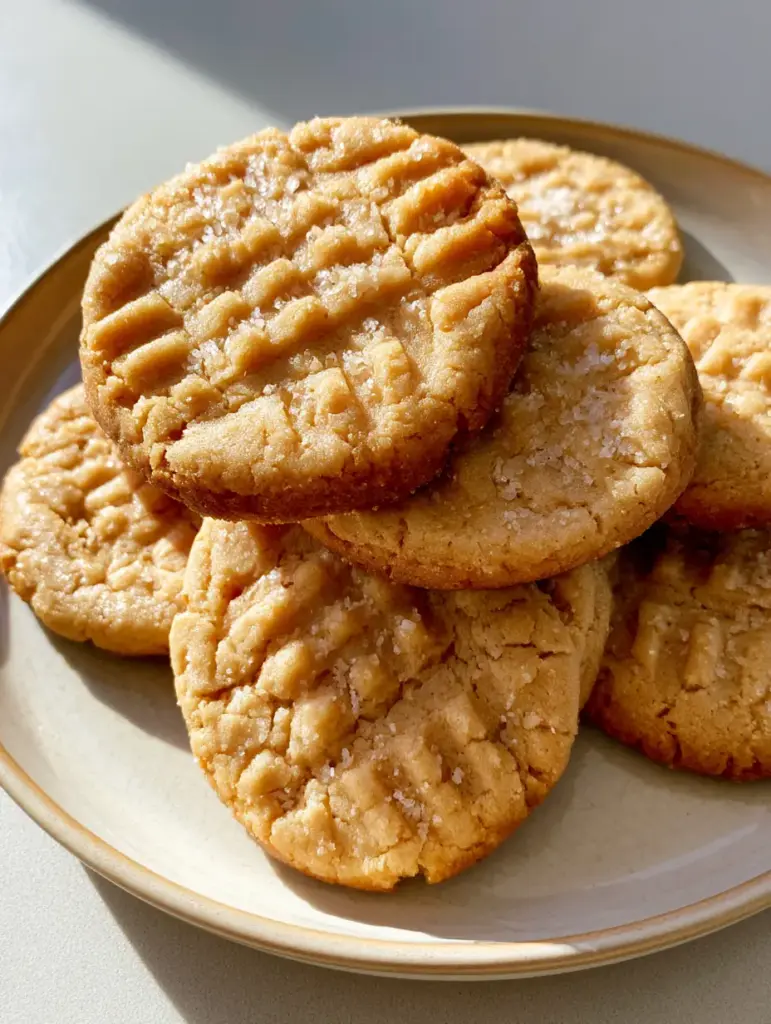 Close-up of baked peanut butter cookie dough showing golden brown edges and granulated sugar coating. (Thick and Chewy Peanut Butter Cookies)