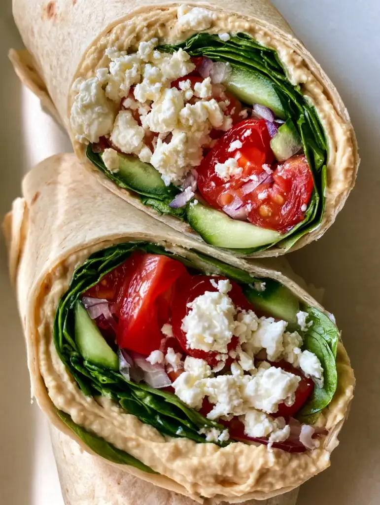 Mediterranean Veggie Wraps With Creamy Hummus and Feta 1 Detailed close-up of the dense internal layers of a flour tortilla wrap with hummus and fresh vegetables.