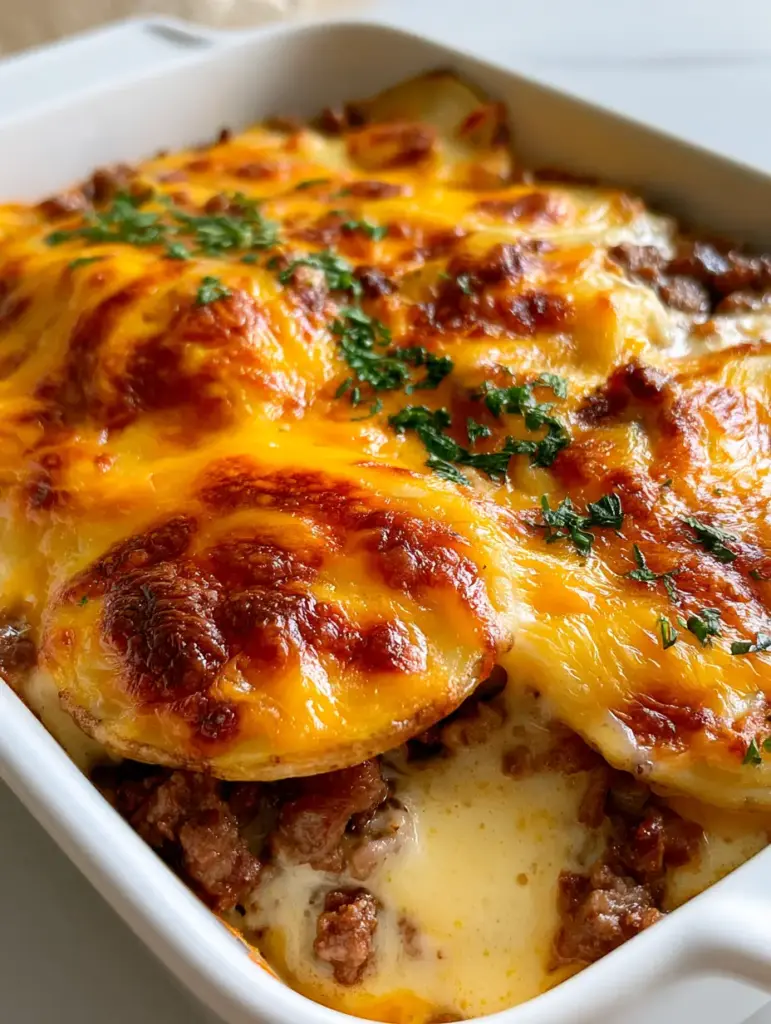 Layers of thinly sliced potatoes and browned ground beef crumbles in a white ceramic dish.