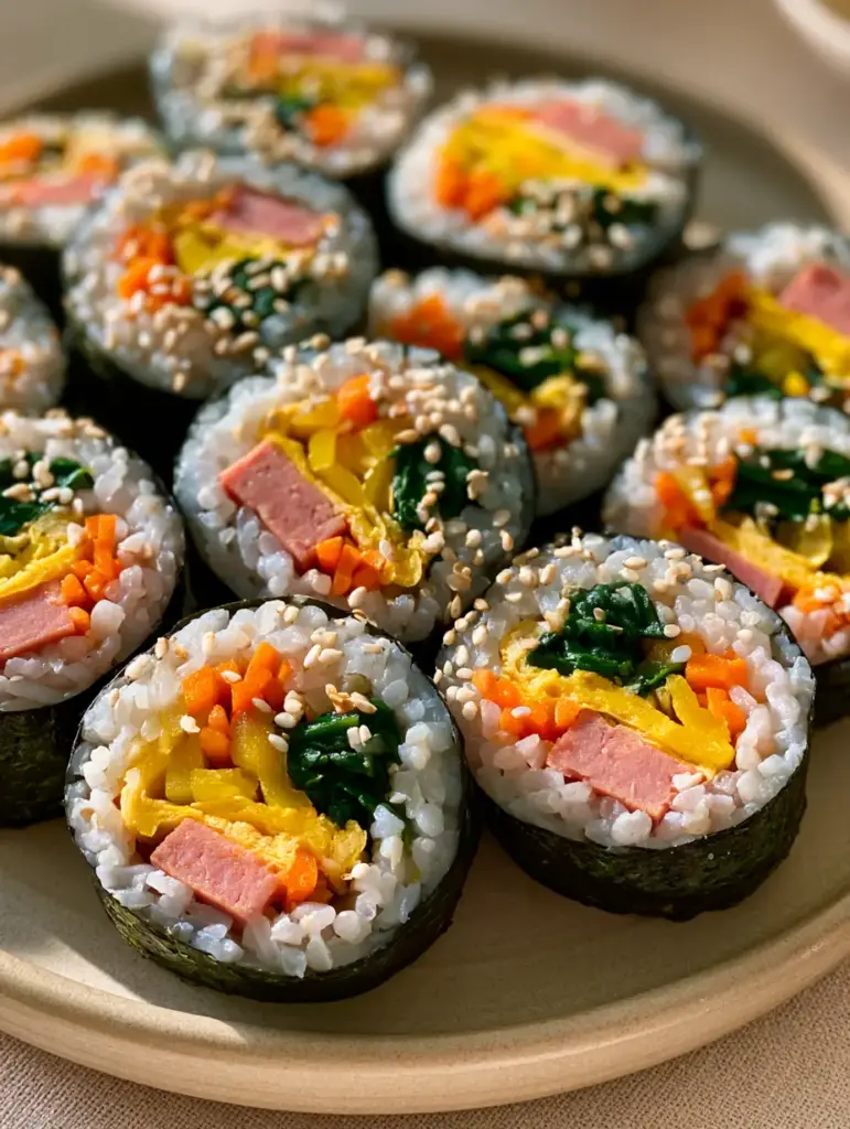 Korean Kimbap Recipe: The Ultimate Guide to Perfect Homemade Seaweed Rice Rolls 1 Cleanly cut kimbap rolls dusted with toasted white sesame seeds on a neutral plate.