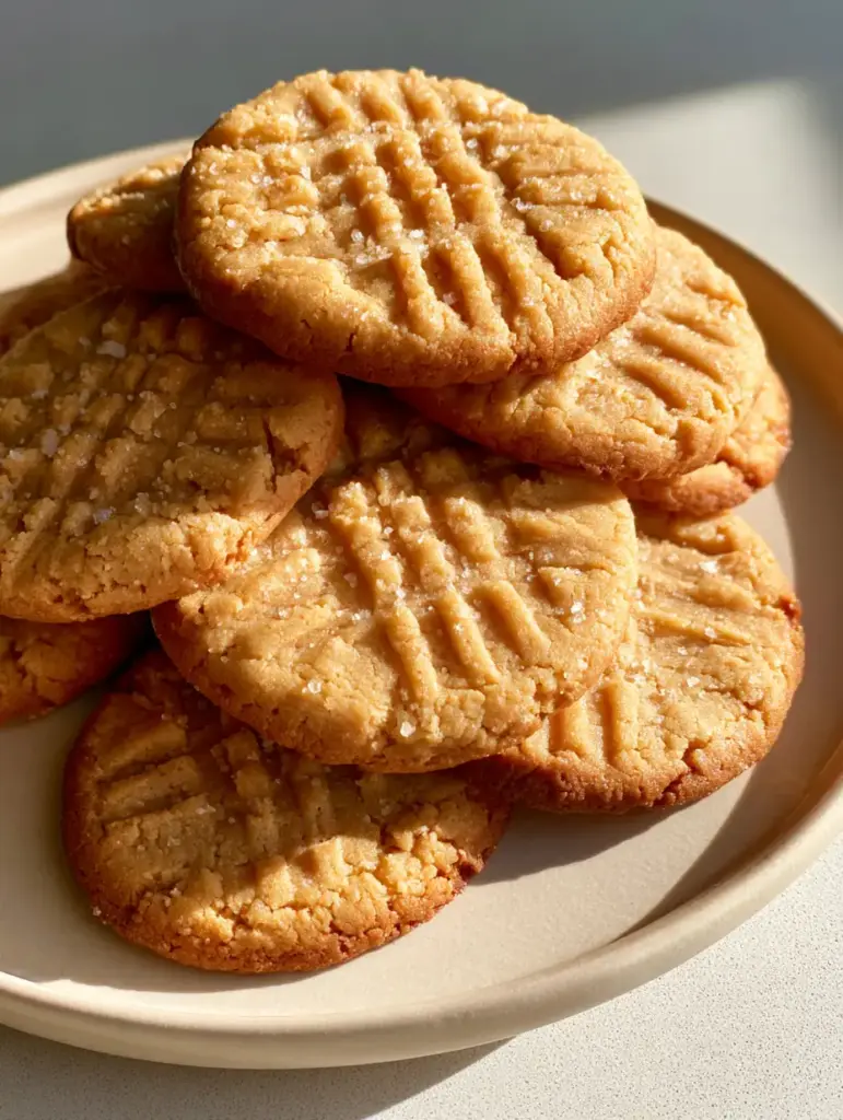 Thick and Chewy Peanut Butter Cookies: The Ultimate Bakery-Style Recipe 1 A natural stack of thick peanut butter cookies on a light gray countertop with soft daylight.