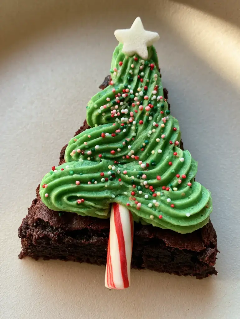 A decorated Christmas tree brownie with a white star sprinkle at the peak and a peppermint stick trunk.