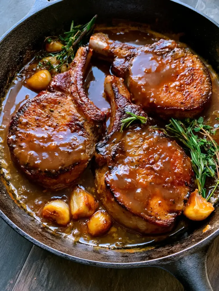 Angled close-up of bone-in pork chops coated in a thick brown sugar glaze with roasted garlic cloves and fresh herbs.