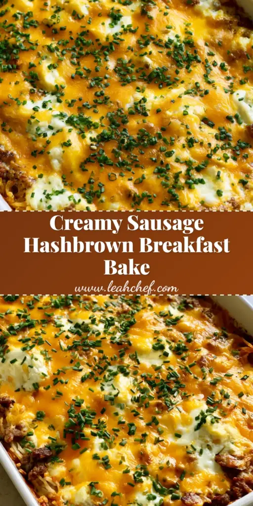 Sausage Egg and Cream Cheese Hashbrown Casserole: The Ultimate Breakfast Bake 4 A vertical Pin showing a Sausage Egg and Cream Cheese Hashbrown Casserole with bubbling cheddar and chives.