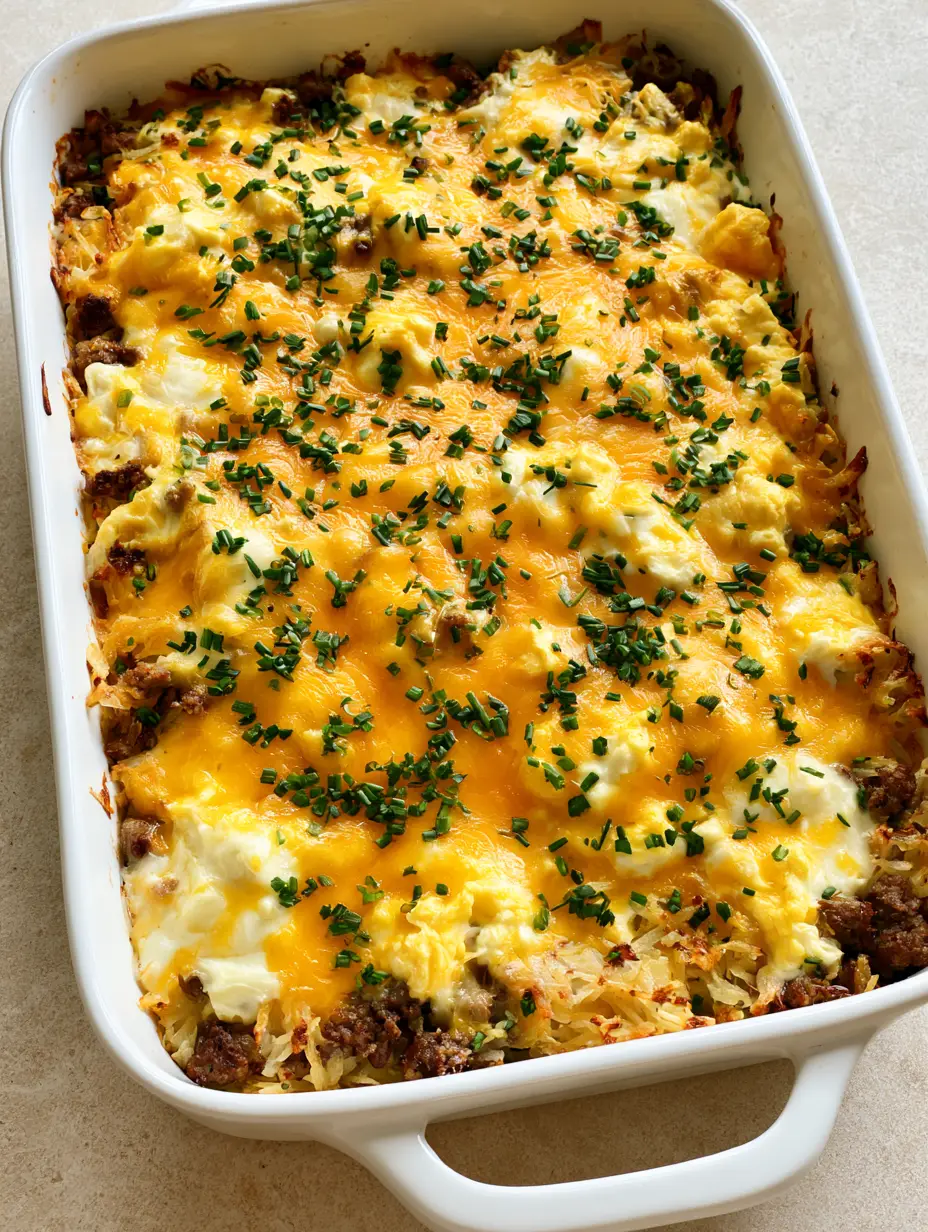 Top-down view of Sausage Egg and Cream Cheese Hashbrown Casserole in a white ceramic dish with golden crust and melted cheese.