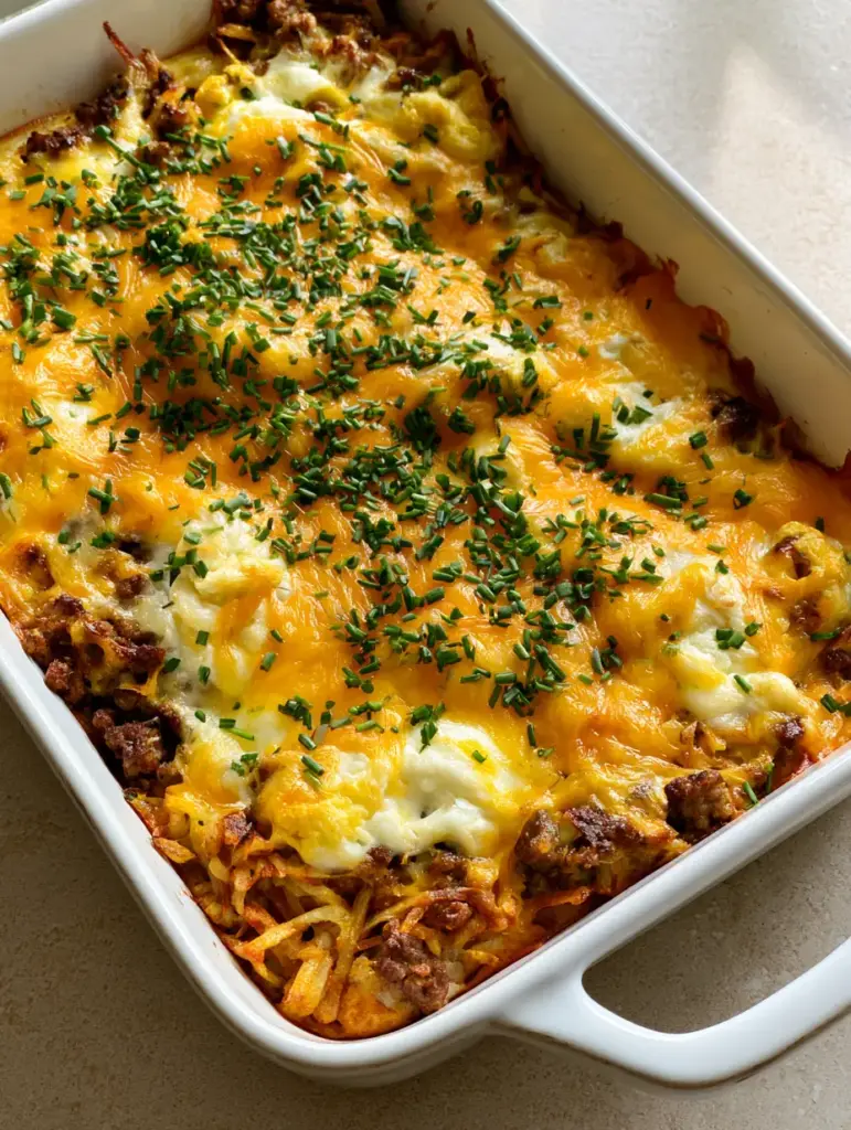 Sausage Egg and Cream Cheese Hashbrown Casserole: The Ultimate Breakfast Bake 1 Close up of melted cream cheese dollops on a Sausage Egg and Cream Cheese Hashbrown Casserole with chives.