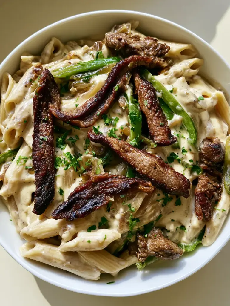 Overhead smartphone photo of Philly Cheesesteak Pasta with green bell peppers and fresh parsley flakes.