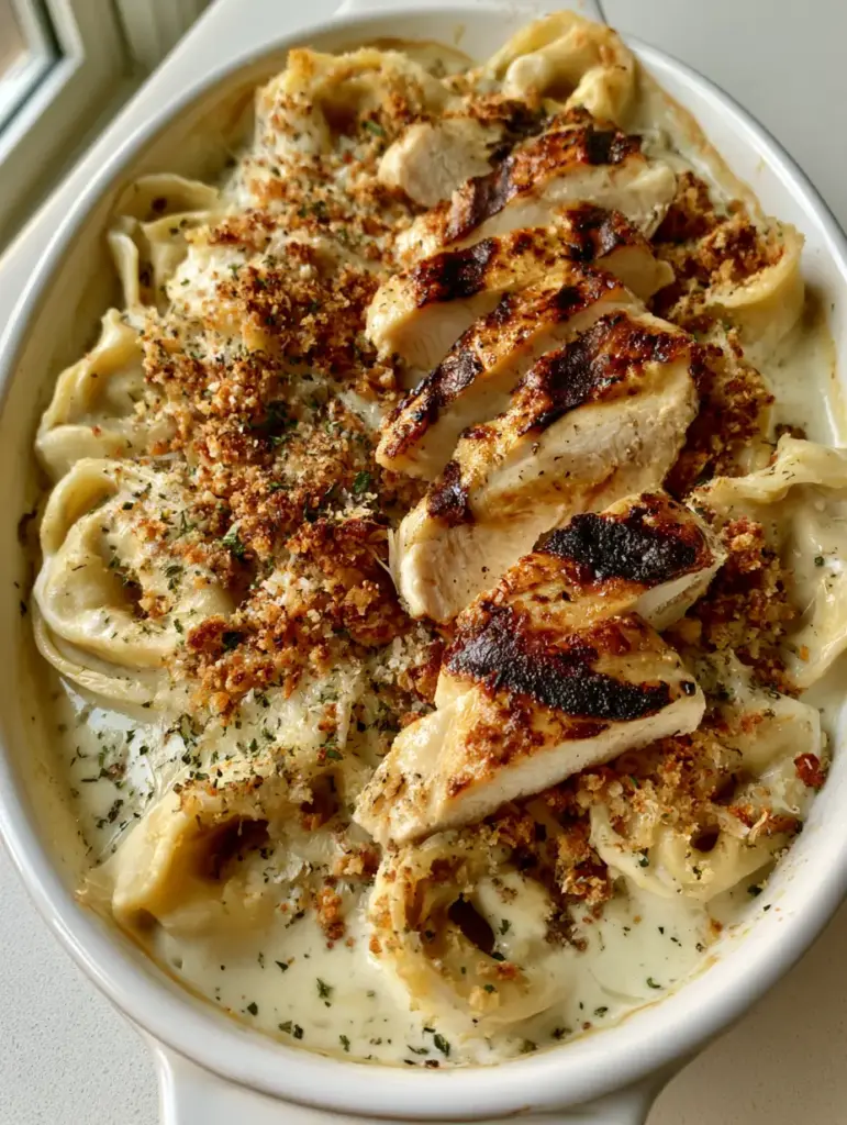 Olive Garden Asiago Tortelloni Alfredo Recipe with Grilled Chicken 1 Close up of grilled chicken breast strips with distinct dark brown char marks on top of melted cheese and golden toasted panko breadcrumbs.