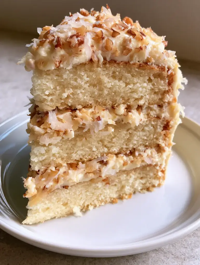 White German Chocolate Cake with Coconut Pecan Frosting 1 Side view of a three-layer White German Chocolate Cake slice on a grey stone countertop, highlighting the textured frosting flakes.