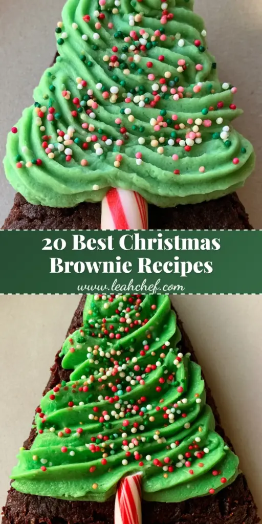A triangular dark chocolate brownie decorated like a Christmas tree with green zigzag frosting and a candy cane trunk. (Christmas Brownie Recipes)