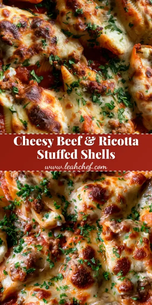 Close-up overhead shot of Baked Beef Stuffed Shells in a dark baking dish with bubbly toasted mozzarella and green parsley.