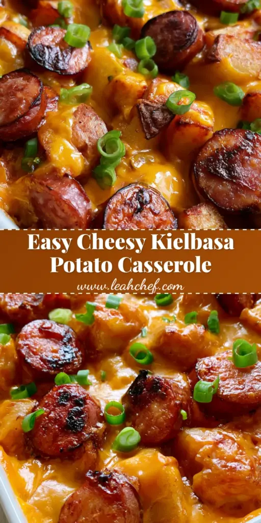 A bubbling white ceramic dish of Kielbasa Sausage Potato Casserole with melted cheddar cheese and green onions.