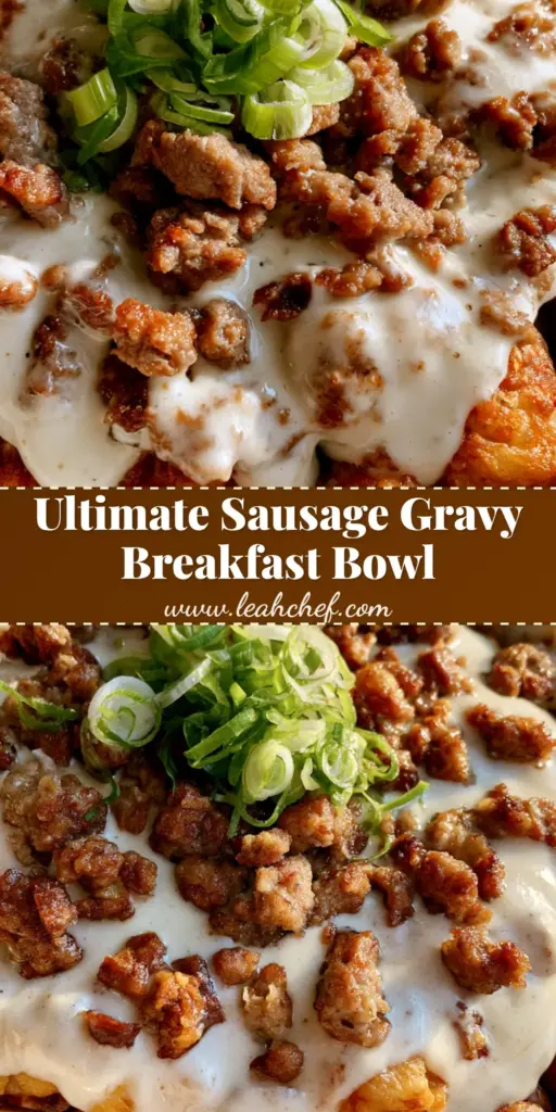 Sausage Gravy Tater Tot Breakfast Bowl (Crispy & Comforting) 4 A close-up shot of a Sausage Gravy Tater Tot Breakfast Bowl featuring golden-brown crispy tots smothered in thick white sausage gravy and garnished with green scallions.