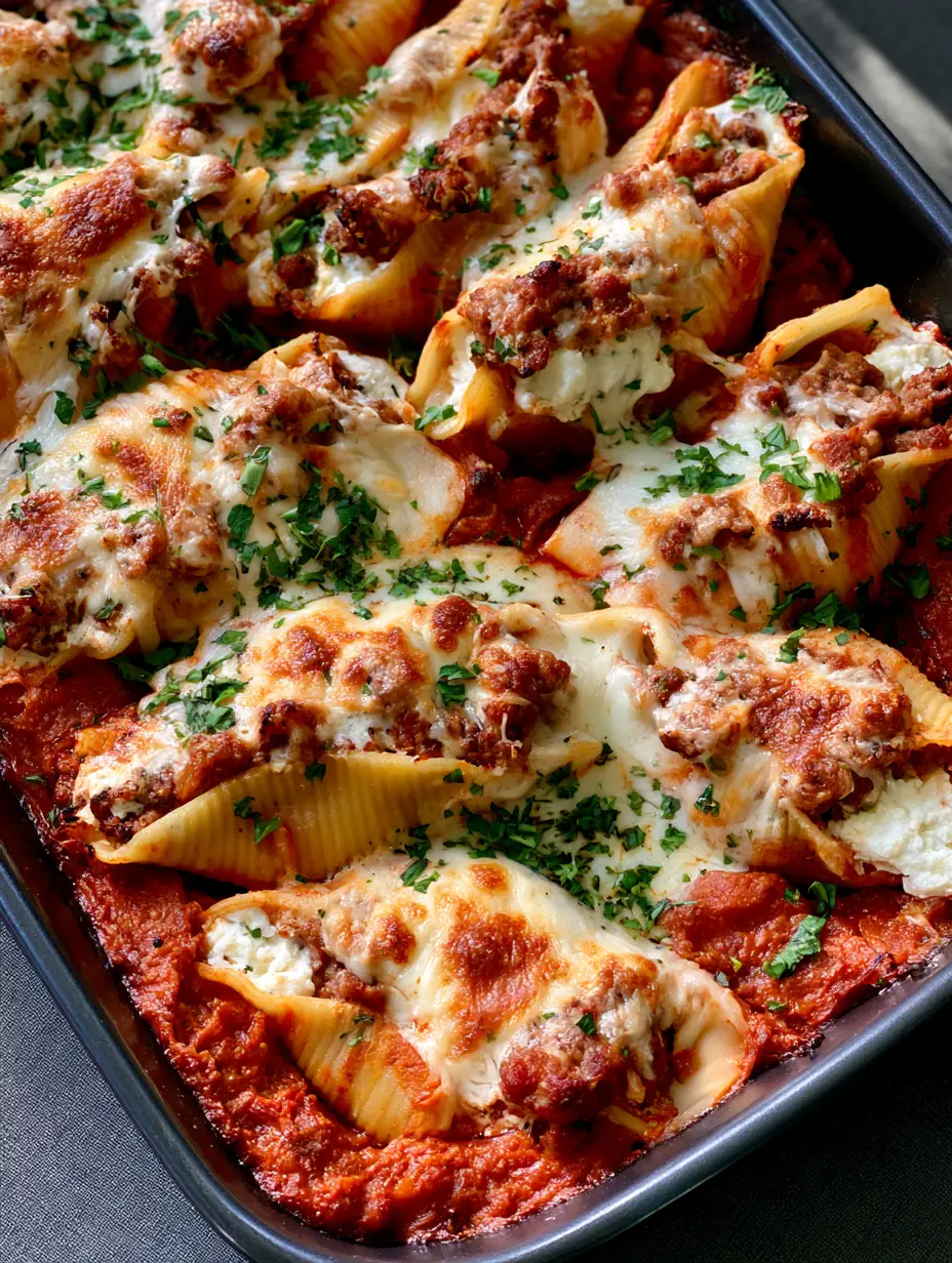 Overhead view of jumbo pasta shells filled with beef and ricotta in red marinara sauce. (Baked Beef Stuffed Shells)