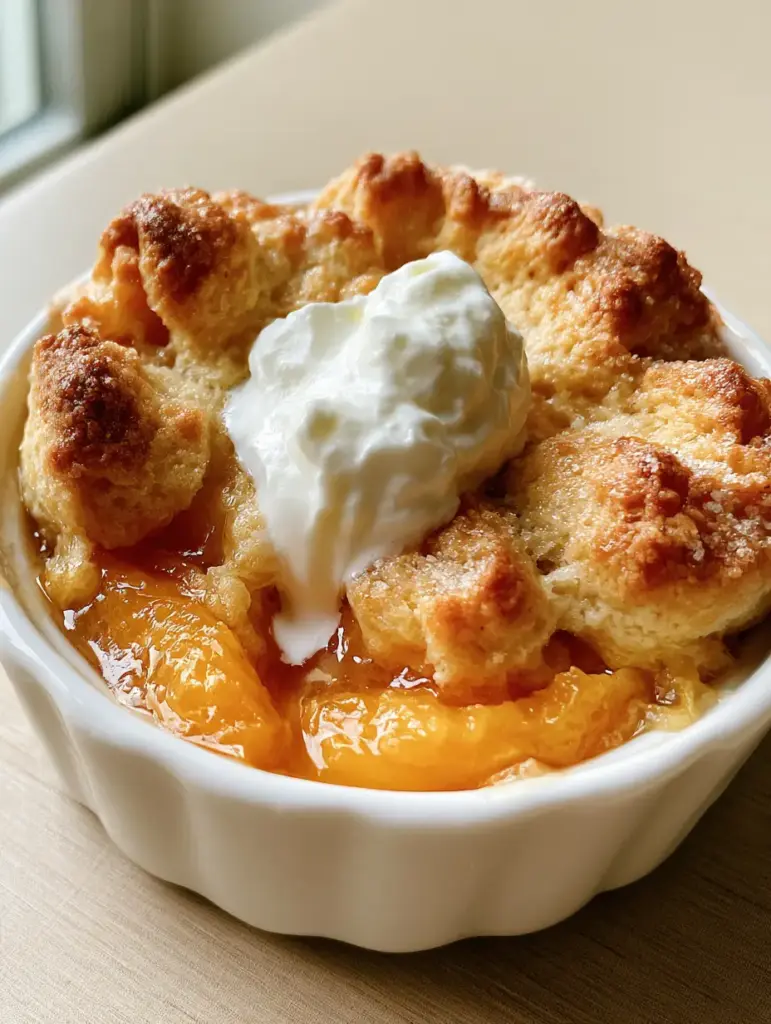 Peach Cobbler for Two: The Ultimate Small-Batch Summer Dessert 2 Close up of the golden brown baked biscuit crust and sliced cooked peaches in a Peach Cobbler for Two.