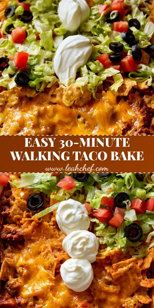 Walking Taco Casserole: The Easiest Cheesy Frito Bake 3 Overhead view of a Walking Taco Casserole with layers of beef, melted cheese, Fritos, and fresh toppings like lettuce and sour cream dollops.