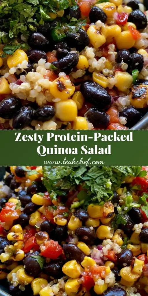 Black Bean Quinoa Salad: The Ultimate High-Protein Zesty Bowl 4 A tall Pinterest-style image of Black Bean Quinoa Salad in a dark bowl featuring charred corn, black beans, and fluffy quinoa.
