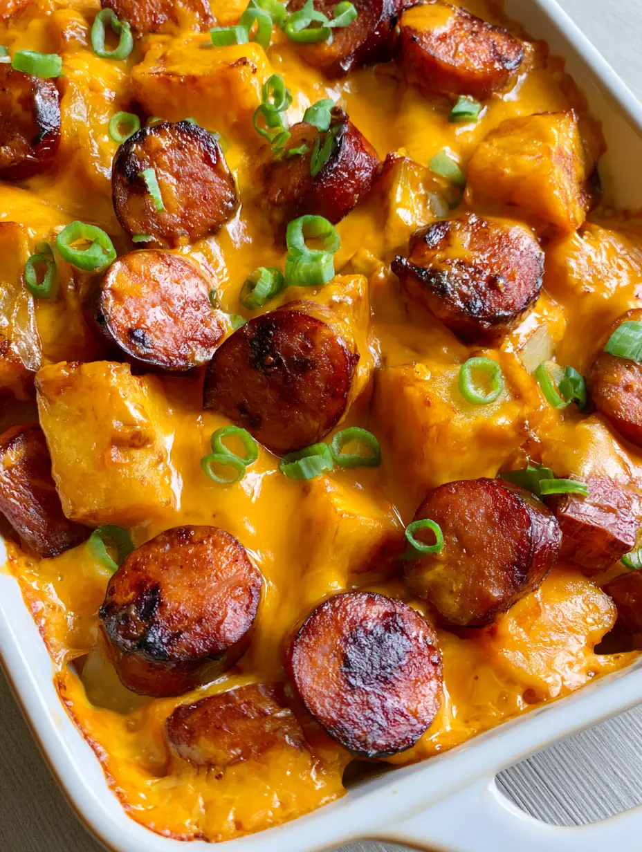 Close up view of seared kielbasa slices and tender cubed potatoes in a glossy orange cheese sauce. (Kielbasa Sausage Potato Casserole)
