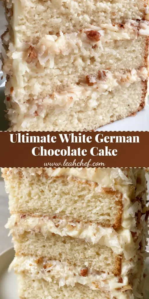 White German Chocolate Cake with Coconut Pecan Frosting 3 A tall slice of a three-layer White German Chocolate Cake standing upright on a white ceramic plate with chunky coconut pecan frosting.