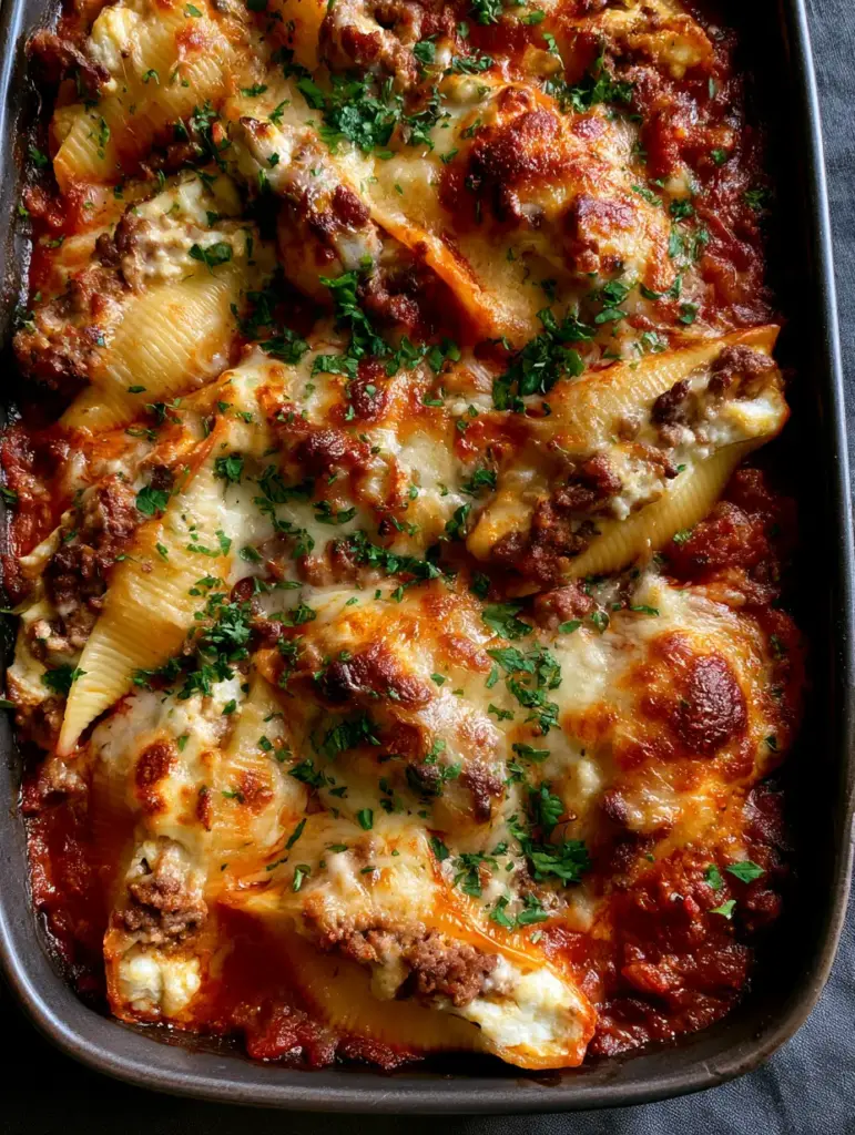 Detailed shot of melted mozzarella cheese with toasted spots over Baked Beef Stuffed Shells.