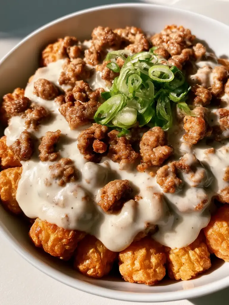 High-angle smartphone photo of a white ceramic bowl filled with a Sausage Gravy Tater Tot Breakfast Bowl showing crispy potato texture.