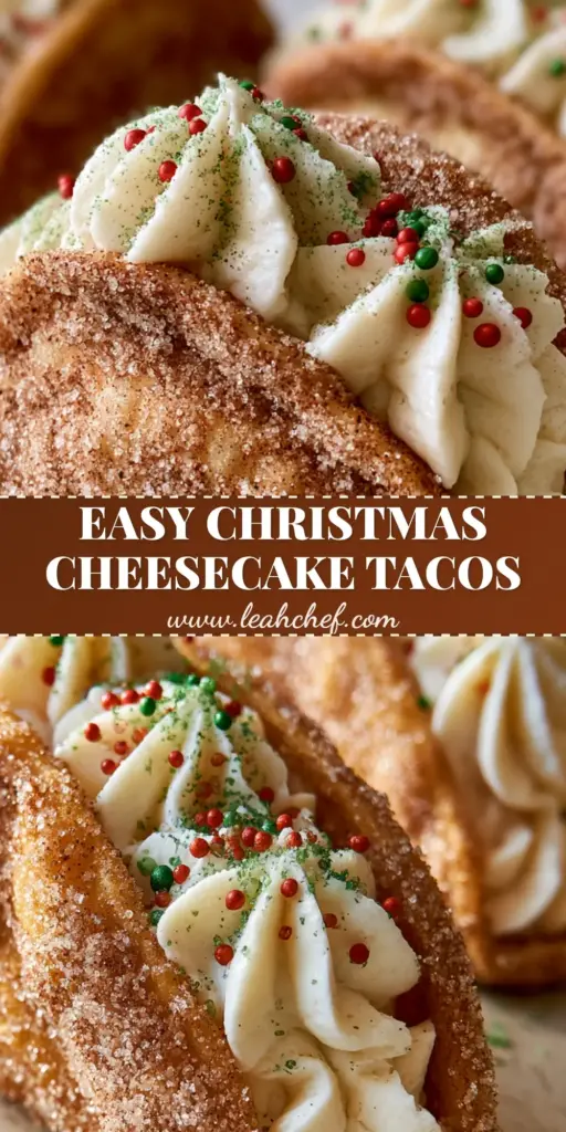Three Christmas Cheesecake Tacos in fried cinnamon sugar shells with piped white filling and festive red and green sprinkles.