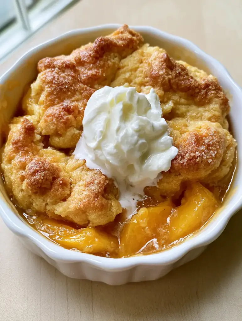 Peach Cobbler for Two: The Ultimate Small-Batch Summer Dessert 1 A single serving of Peach Cobbler for Two showing the thick amber fruit syrup bubbling in a white ceramic ramekin.