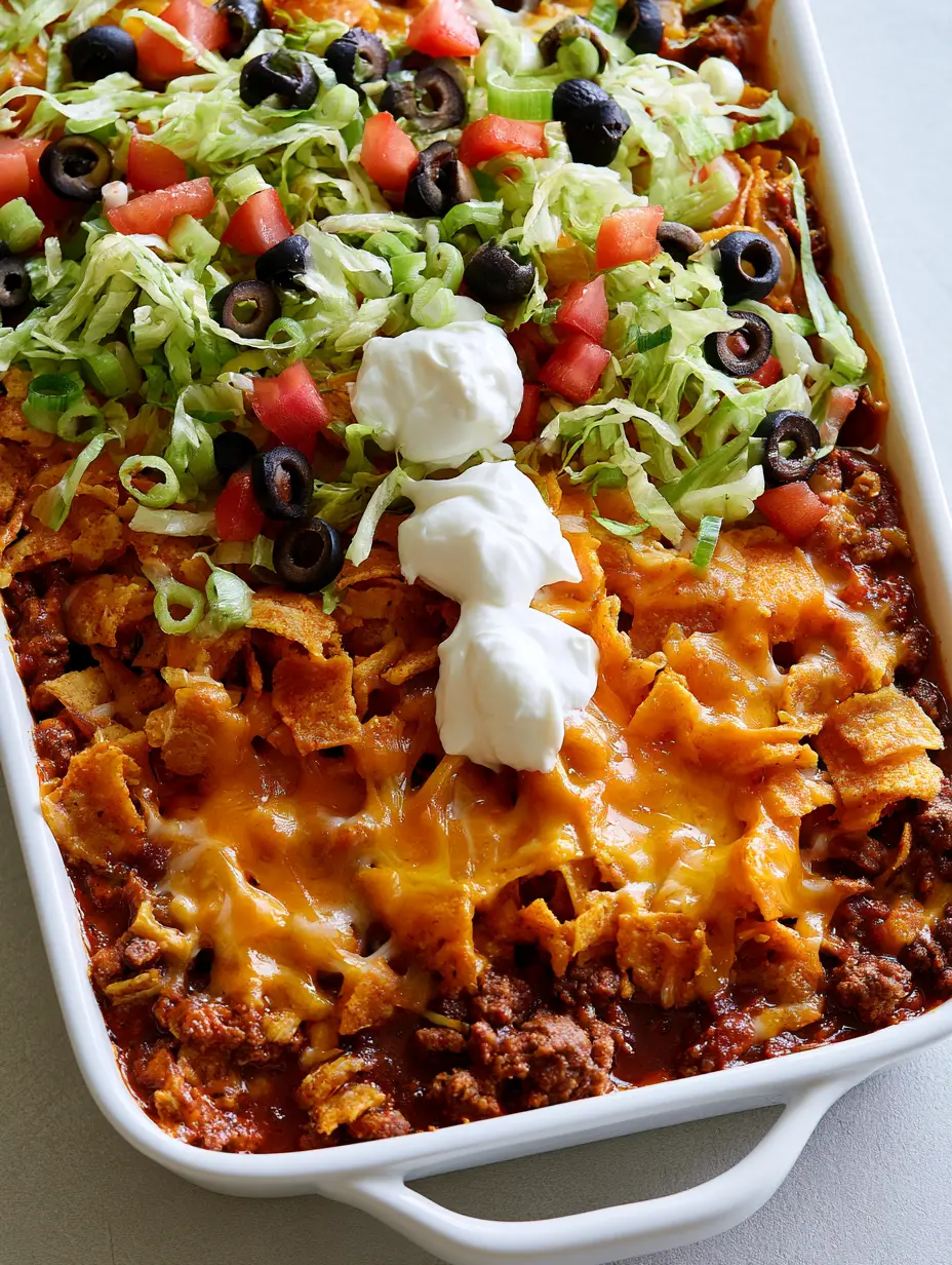 Walking Taco Casserole: The Easiest Cheesy Frito Bake 4 Close-up of melted cheddar cheese and seasoned ground beef in a Walking Taco Casserole.