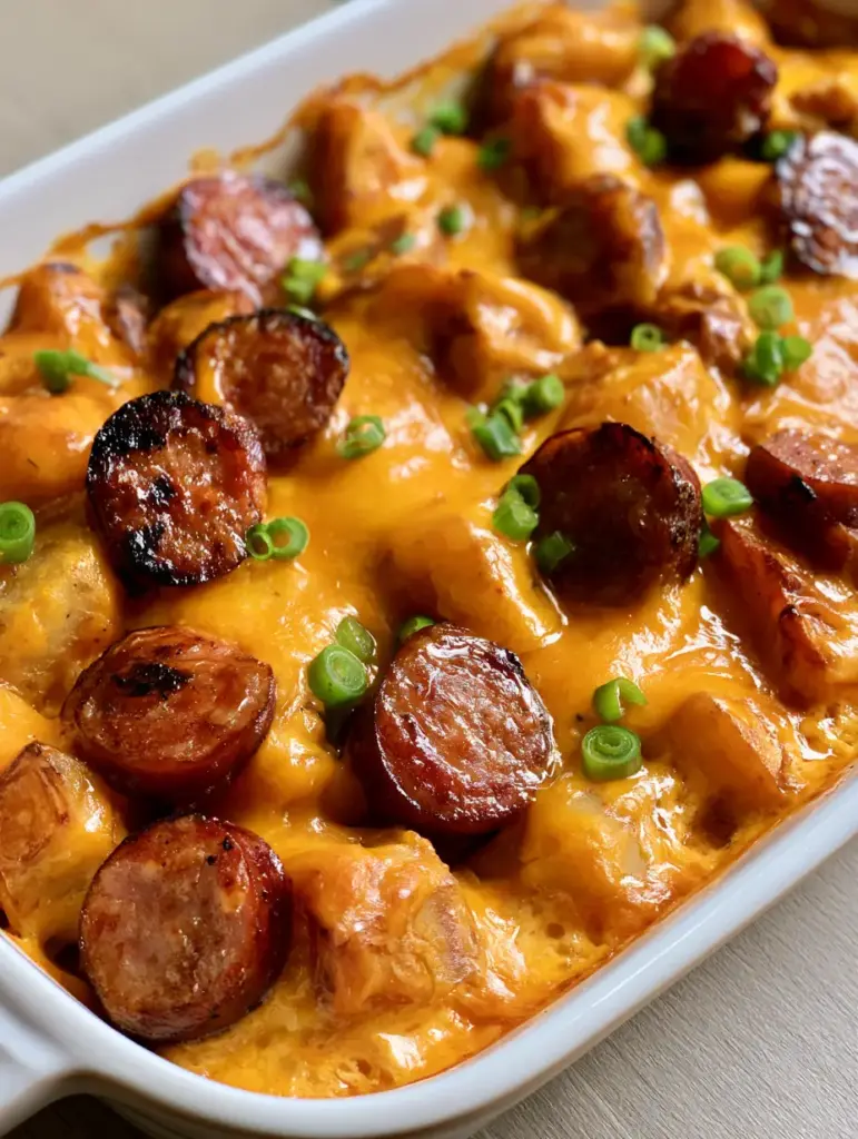 Kielbasa Sausage Potato Casserole being served from a white ceramic dish showing the bubbling cheese edges.