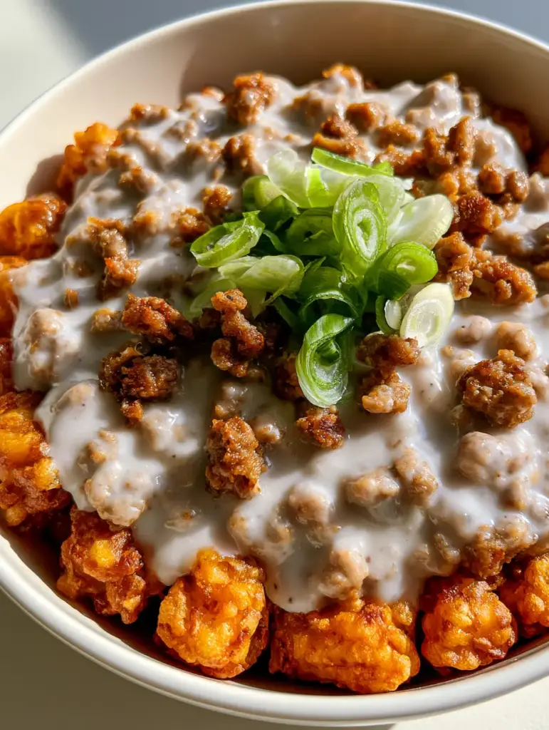 Sausage Gravy Tater Tot Breakfast Bowl (Crispy & Comforting) 1 Close-up of thick white cream gravy with browned sausage bits poured over tater tots in a white bowl.