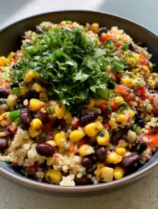 A close-up smartphone photo of vibrant Black Bean Quinoa Salad with glistening lime vinaigrette and fresh cilantro garnish.