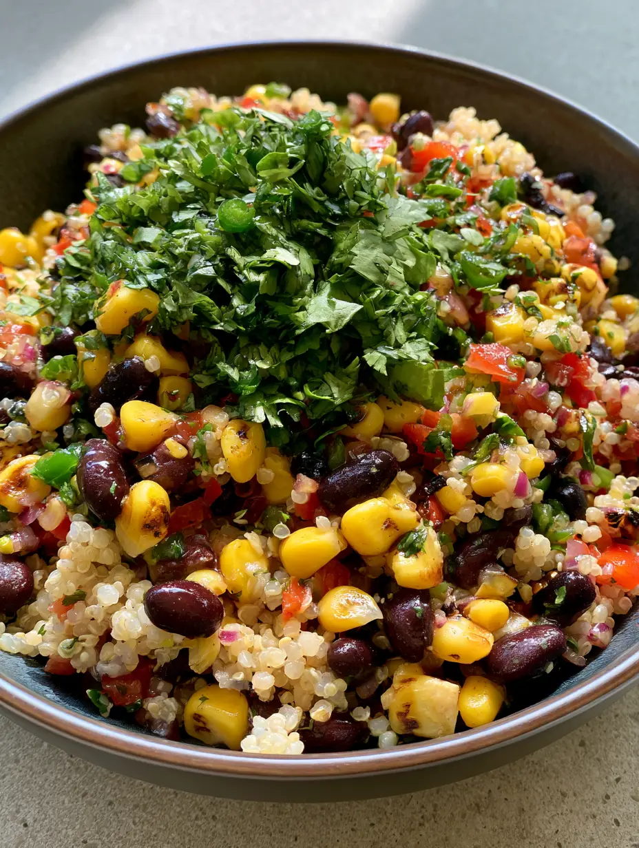 Black Bean Quinoa Salad: The Ultimate High-Protein Zesty Bowl 3 A close-up smartphone photo of vibrant Black Bean Quinoa Salad with glistening lime vinaigrette and fresh cilantro garnish.