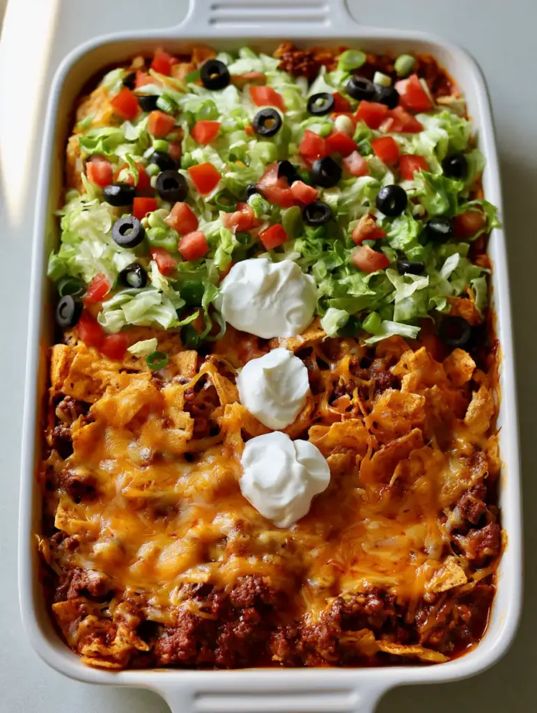 Walking Taco Casserole: The Easiest Cheesy Frito Bake 1 Walking Taco Casserole topped with crunchy Fritos, fresh lettuce, tomatoes, and sour cream dollops.