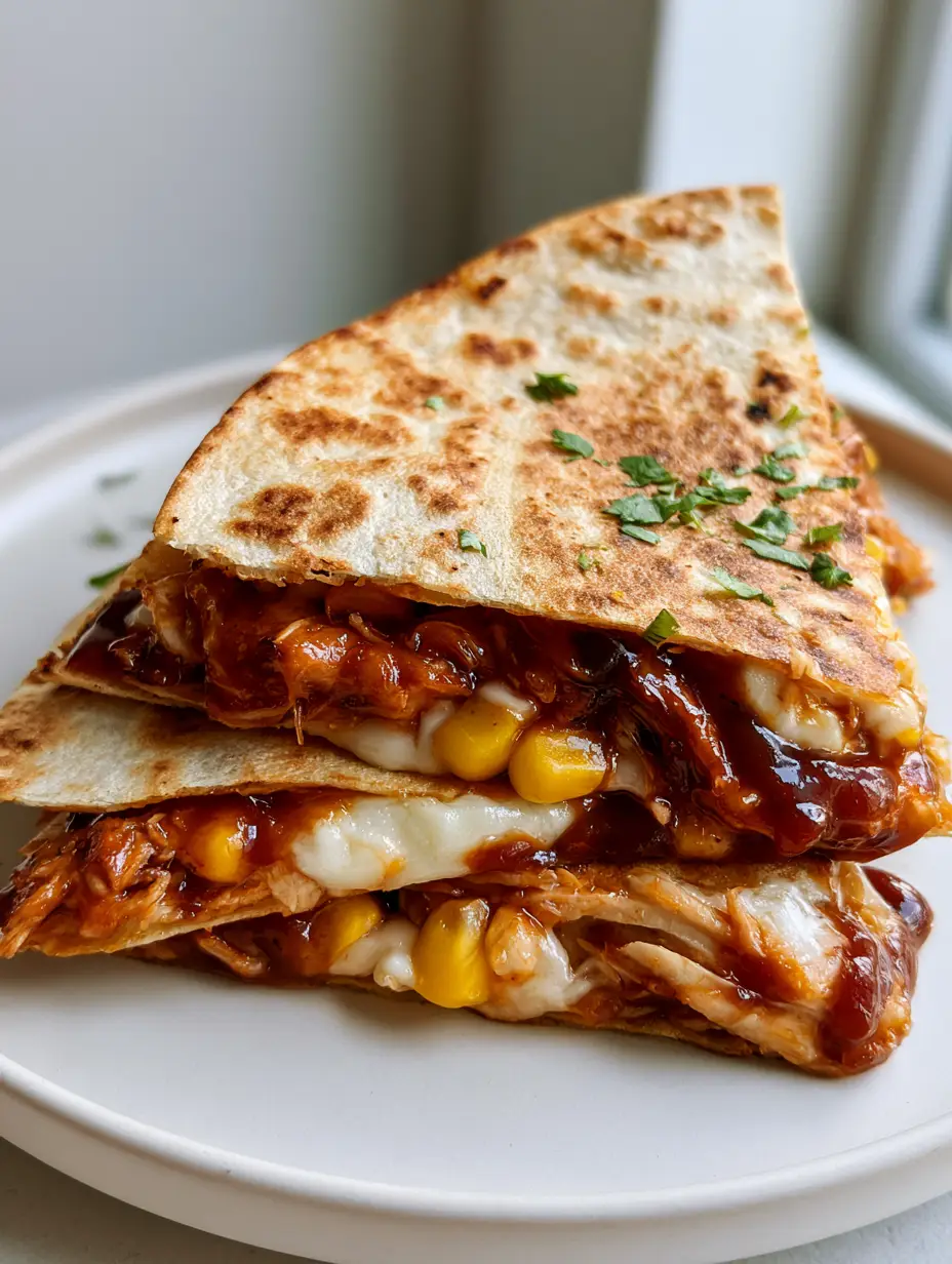 Handheld photo of a toasted BBQ Chicken Quesadilla with golden brown char marks and glossy mahogany sauce.