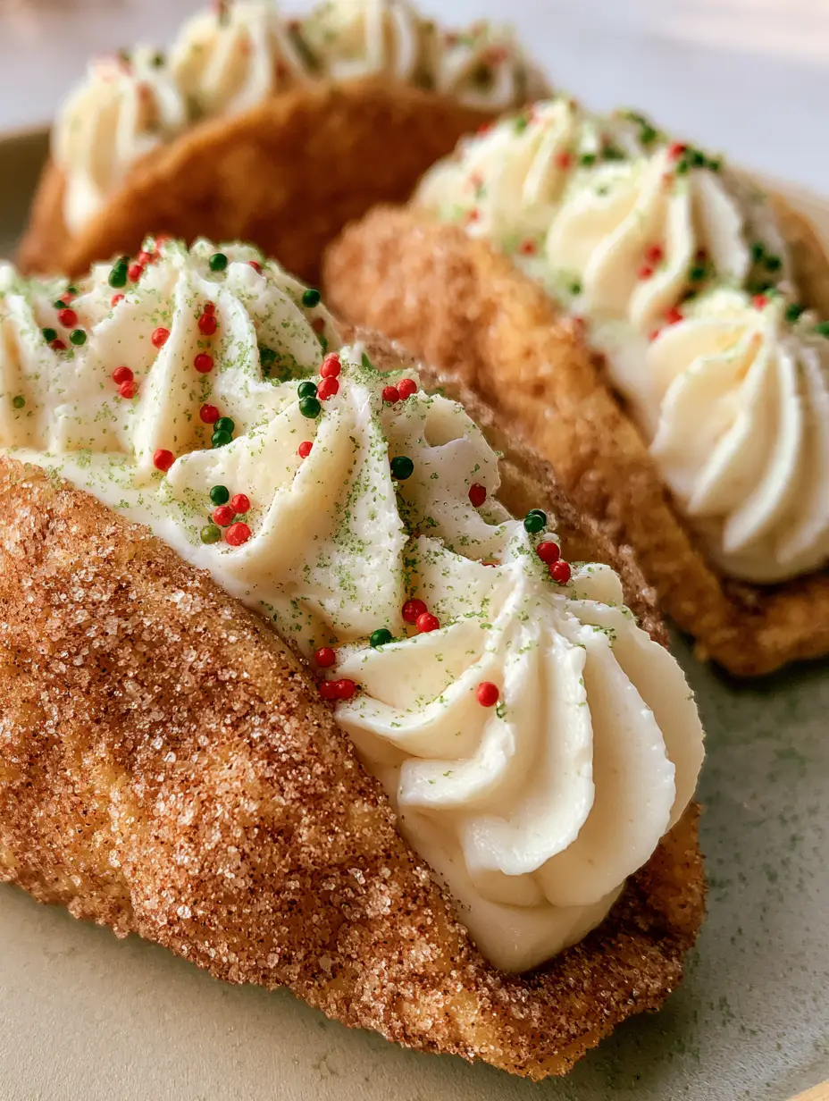 Close up of fried cinnamon sugar taco shells filled with piped vanilla cheesecake and green sanding sugar. (Christmas Cheesecake Tacos)