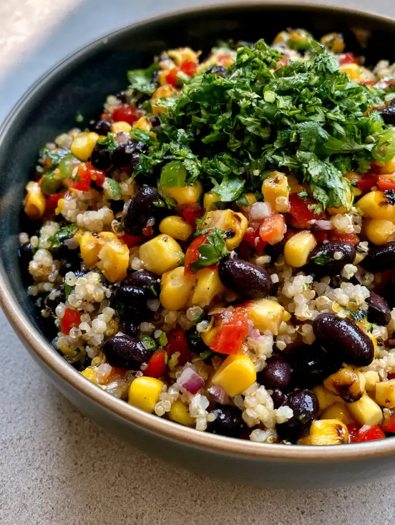 Black Bean Quinoa Salad: The Ultimate High-Protein Zesty Bowl 1 Overhead view of Black Bean Quinoa Salad showing the mix of red bell peppers, black beans, and charred corn in a dark ceramic bowl.