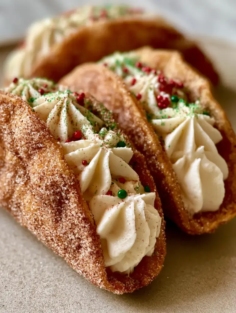 A smartphone photo of three Christmas Cheesecake Tacos showing the decorative star-tip piping pattern and holiday sprinkles.