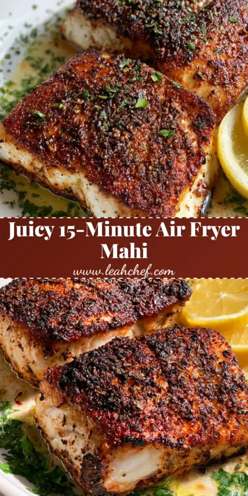 Two thick Air Fryer Mahi Mahi fillets with a dark blackened seasoning crust and butter glaze on a white plate.