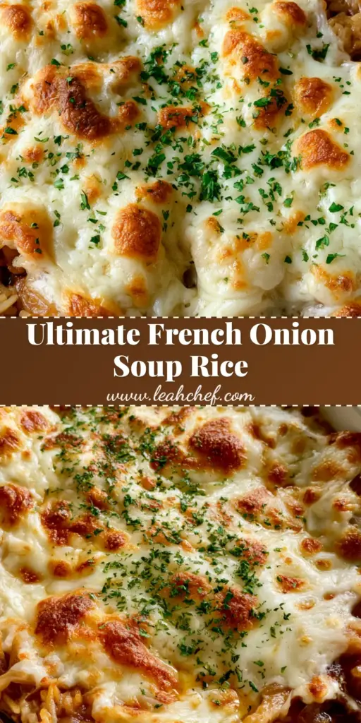 French Onion Soup Rice: The Ultimate Cheesy Comfort Food Bake 4 A close-up of French Onion Soup Rice in a white dish featuring bubbly melted white cheese with golden spots and fresh parsley.