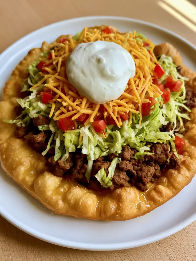 Native American Fry Bread: The Ultimate Guide to Fluffy, Golden Perfection 2 A thick, bubbly Native American Fry Bread disc on a white plate with fresh taco toppings.