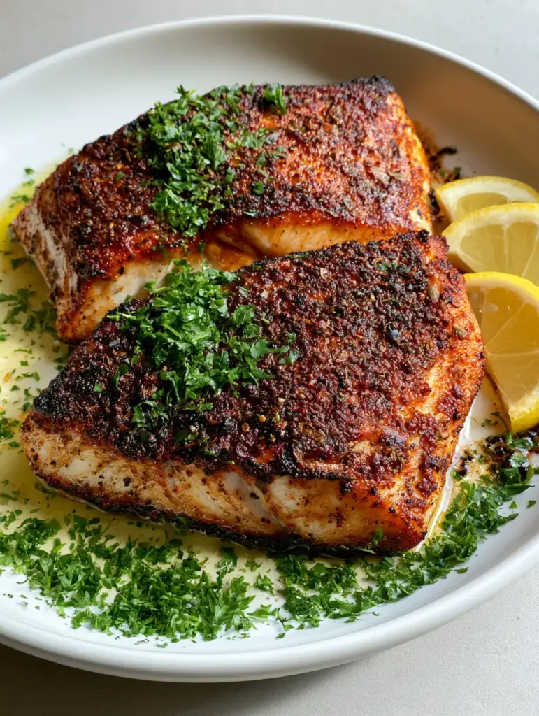 Close up of Air Fryer Mahi Mahi fillets glistening with melted butter and fresh lemon slices on a gray surface.