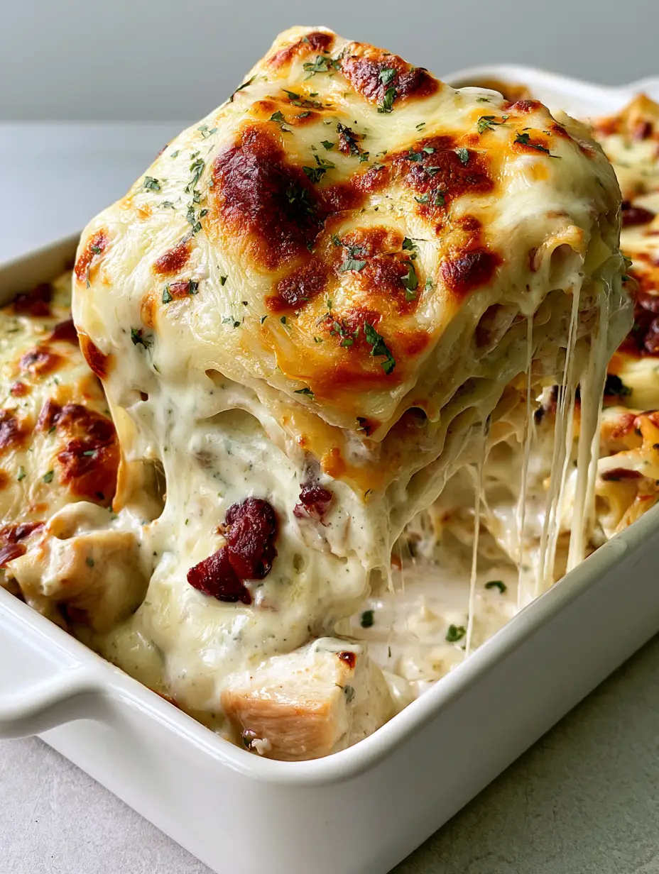 Chicken Bacon Ranch Lasagna: The Ultimate Creamy Comfort Food 3 Top down view of a rectangular white ceramic baking dish filled with Chicken Bacon Ranch Lasagna topped with charred cheese and parsley.