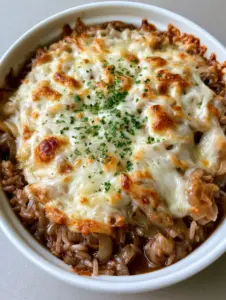 A handheld smartphone photo showing French Onion Soup Rice with deeply saturated beef broth rice and bubbly cheese.