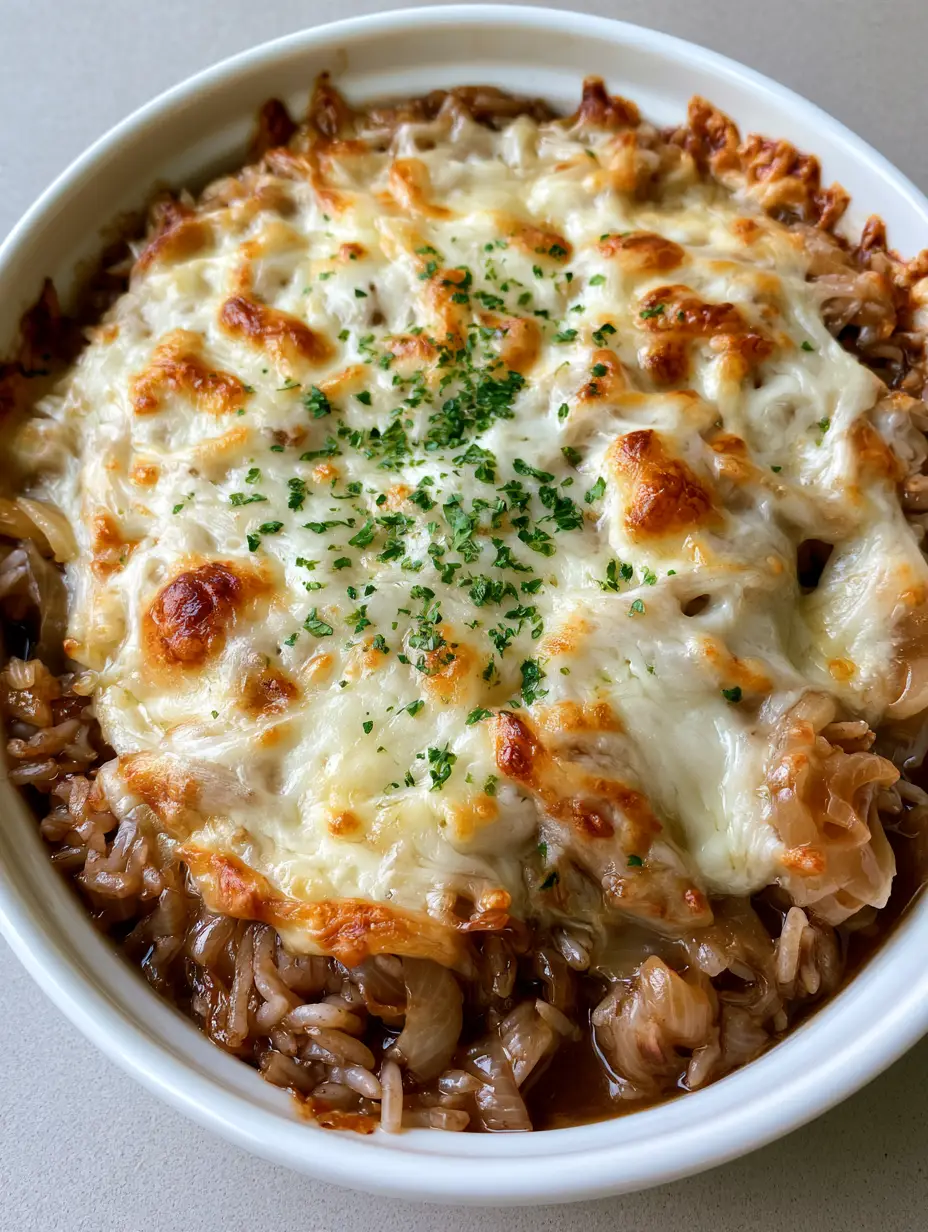 French Onion Soup Rice: The Ultimate Cheesy Comfort Food Bake 3 A handheld smartphone photo showing French Onion Soup Rice with deeply saturated beef broth rice and bubbly cheese.