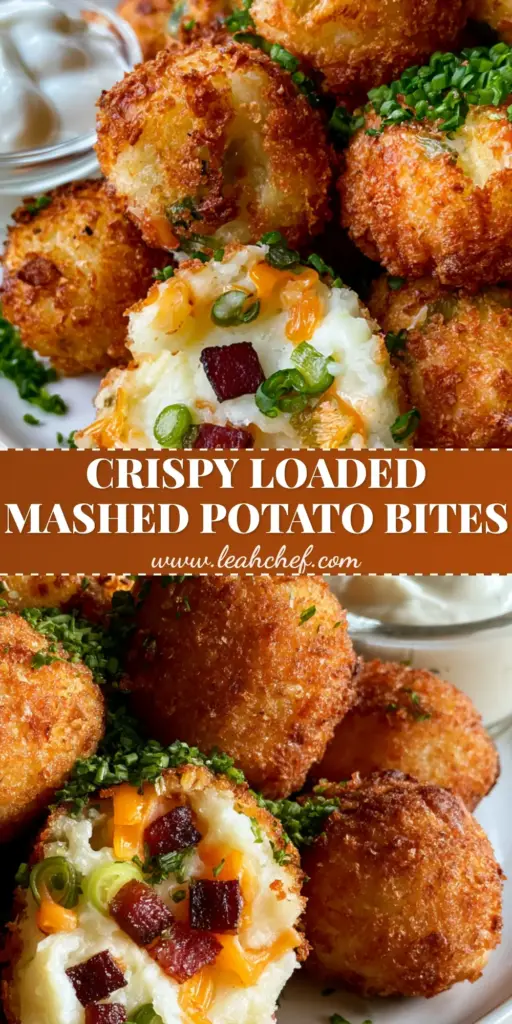 A stack of golden-brown Loaded Mashed Potato Bites with a craggy panko crust, garnished with green onions and served with sour cream.