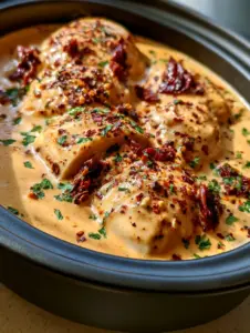 Close-up of succulent sliced chicken breast submerged in a rich, orange-hued sun-dried tomato cream sauce in a black slow cooker bowl. (Crockpot Marry Me Chicken)