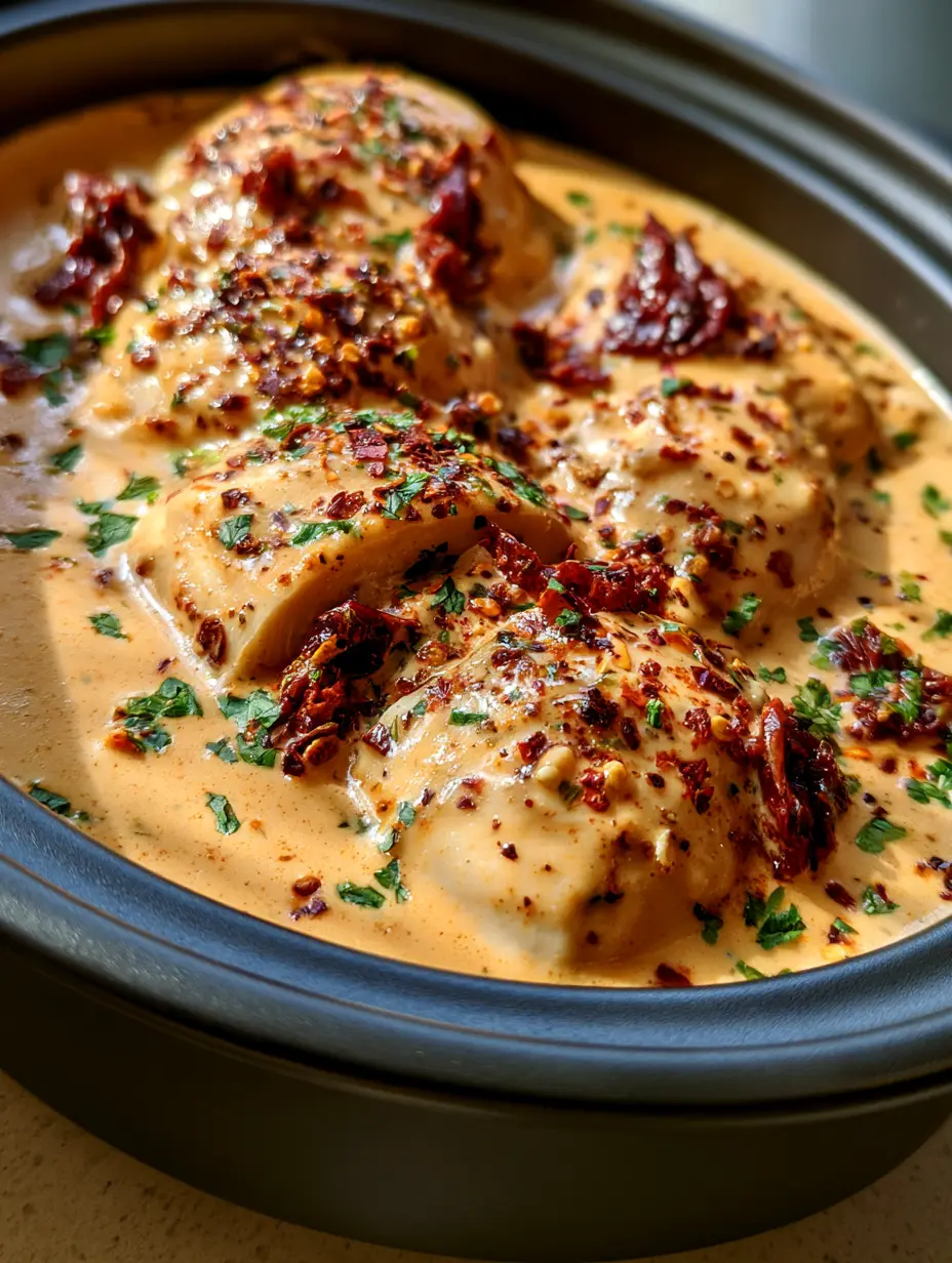Crockpot Marry Me Chicken: The Ultimate Creamy Slow Cooker Dinner 3 Close-up of succulent sliced chicken breast submerged in a rich, orange-hued sun-dried tomato cream sauce in a black slow cooker bowl. (Crockpot Marry Me Chicken)